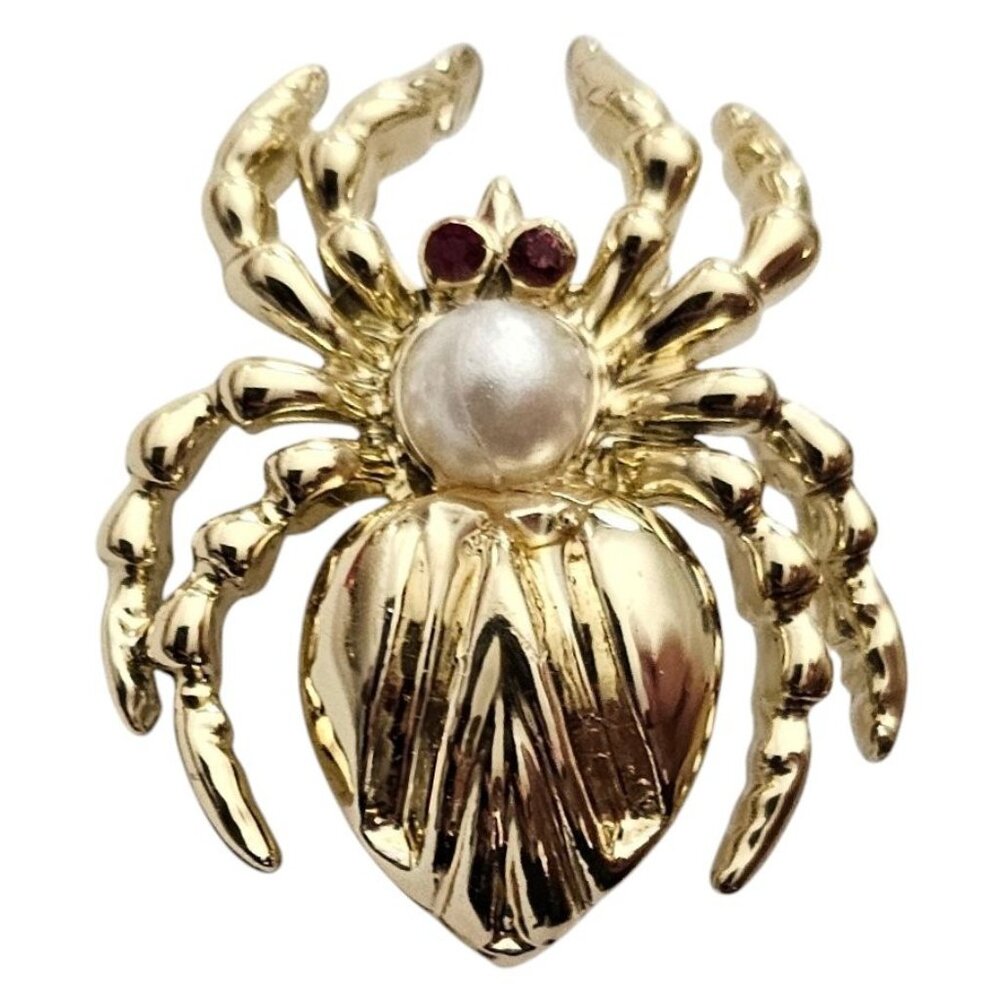 Gold Tone Vintage Faux Pearl Spider Brooch, Red Rhinestone Pin L876 - Picture 8 of 8